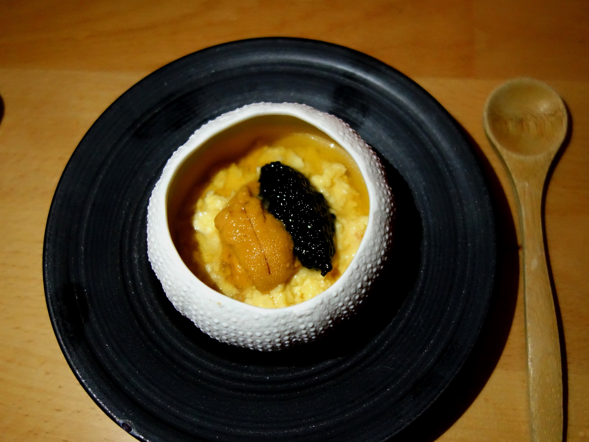 Sakamai – Egg on egg on egg – sea urchin, aka uni, sturgeon caviar and scrambled egg – created by George himself. You have to scoop up from the bottom when you eat this so you can get a bit of each element on the spoon with each bite. It is a luxurious dish. I think I used my finger to swipe up every last drop.
